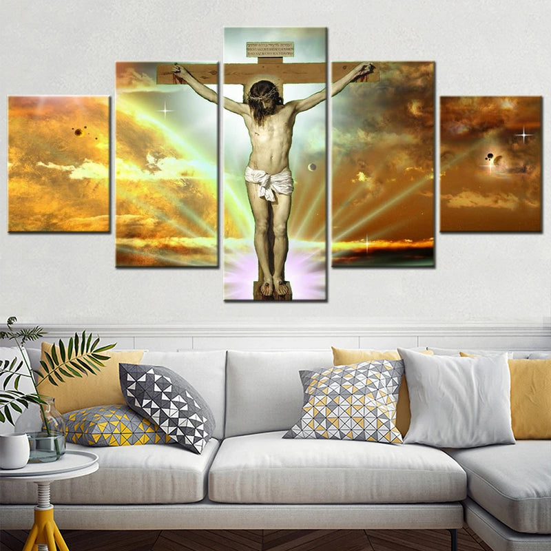 Religion Jesus Christ on Cross 5 Panels Painting Canvas Wall Decoration