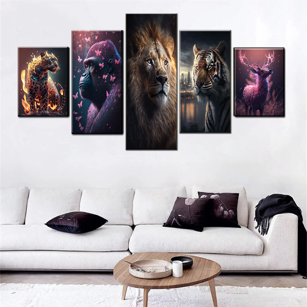 Tiger Fantasy Deer Jaguar Gorilla Lion 5 Panels Painting Canvas Wall Decoration