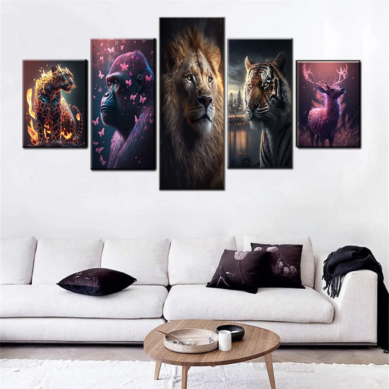 Tiger Fantasy Deer Jaguar Gorilla Lion 5 Panels Painting Canvas Wall Decoration