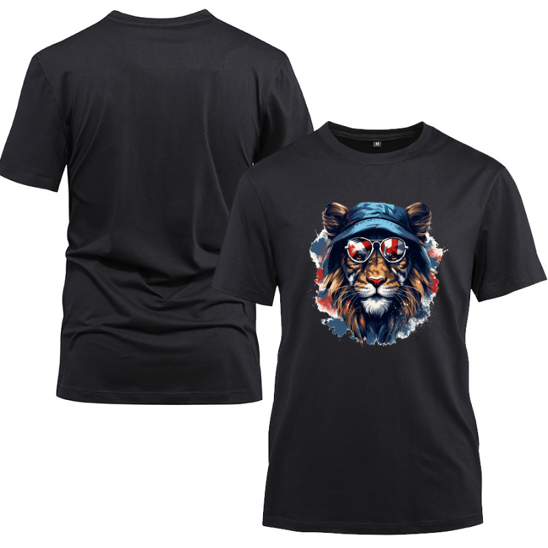 Animal Hiphop Graphic Funny Lion Cotton Black Short Sleeve T-Shirt