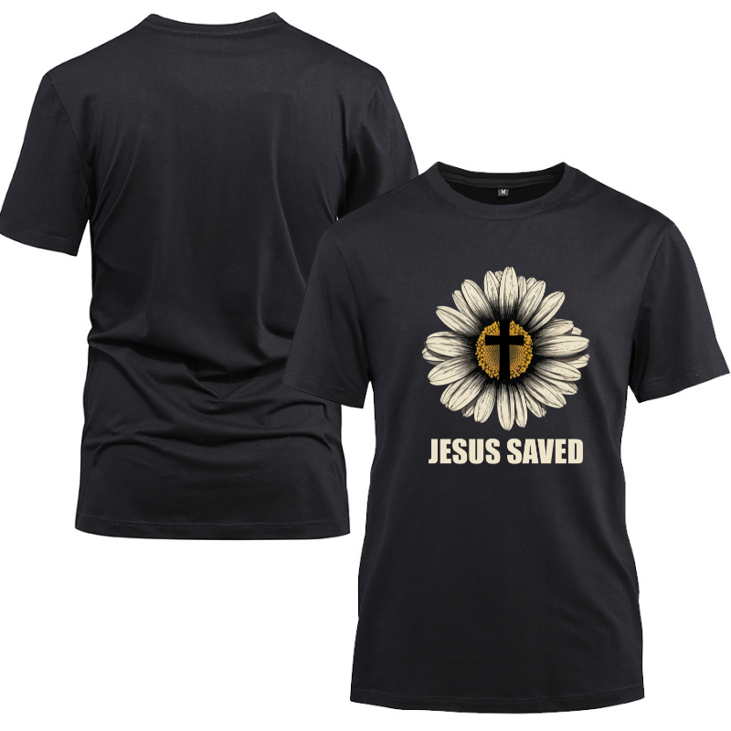 Jesus Saved A Cross Daisy Cotton Black Short Sleeve T-Shirt