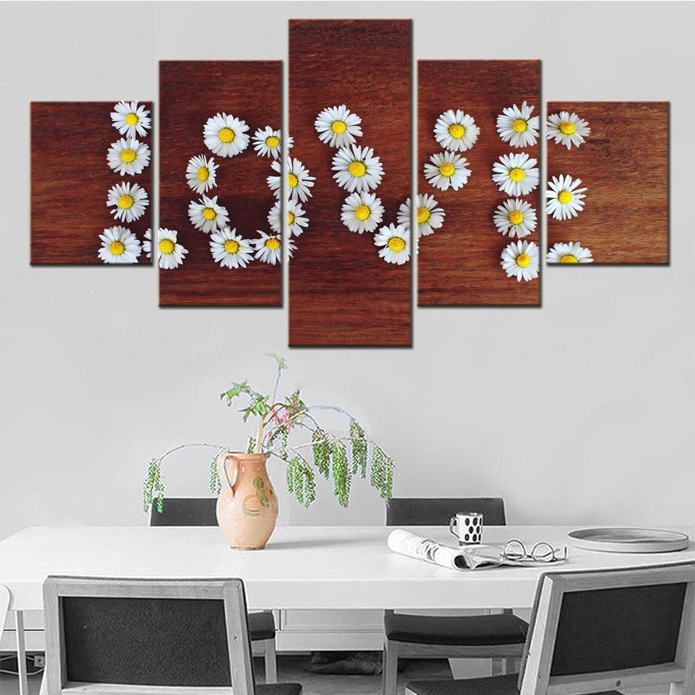 Flowers Love Word Daisy 5 Panels Painting Canvas Wall Decoration
