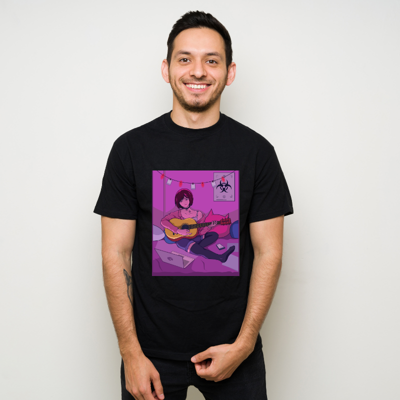 Anime Japanese The Cute Girl Play Guitar Cotton Black Short Sleeve T-Shirt