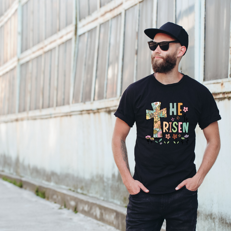 He Is Risen Flower Cotton Black Short Sleeve T-Shirt