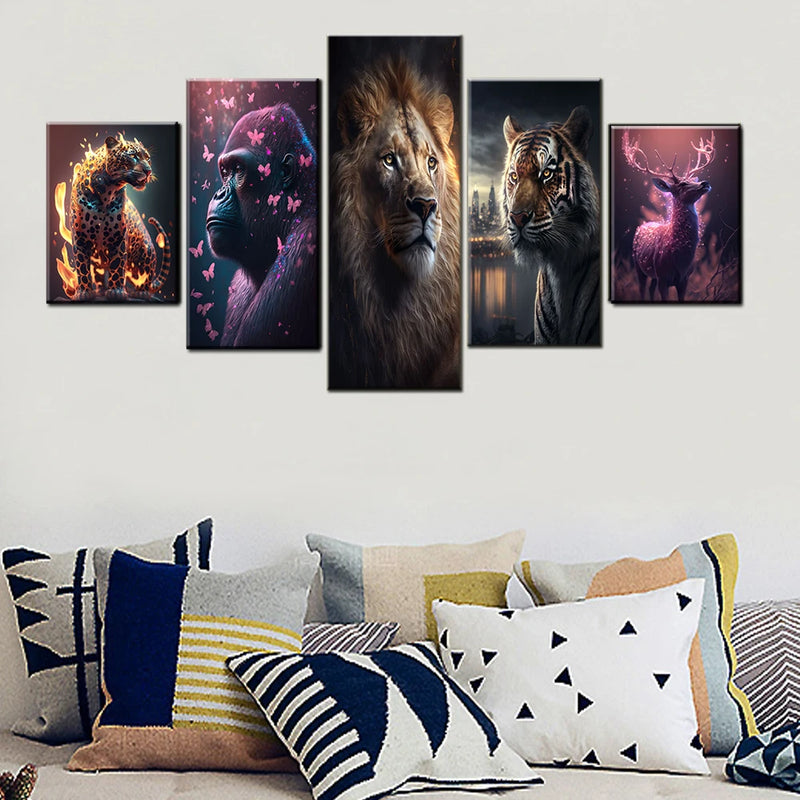 Tiger Fantasy Deer Jaguar Gorilla Lion 5 Panels Painting Canvas Wall Decoration