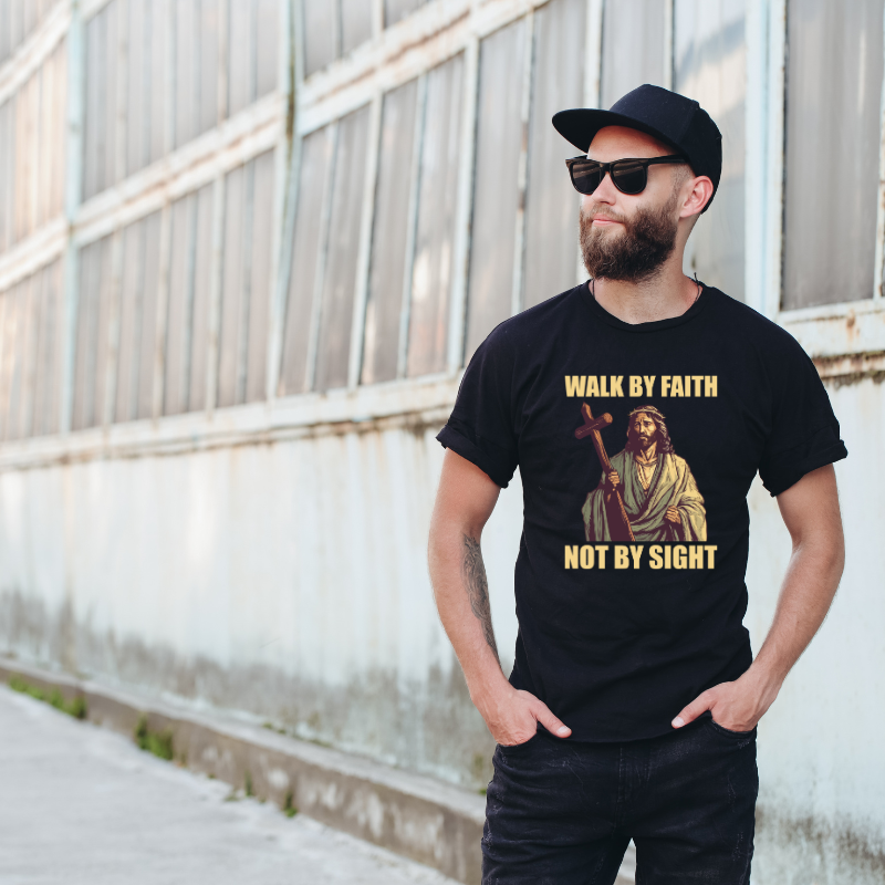 Walk By Faith Not By Sight Jesus Wise Cotton Black Short Sleeve T-Shirt