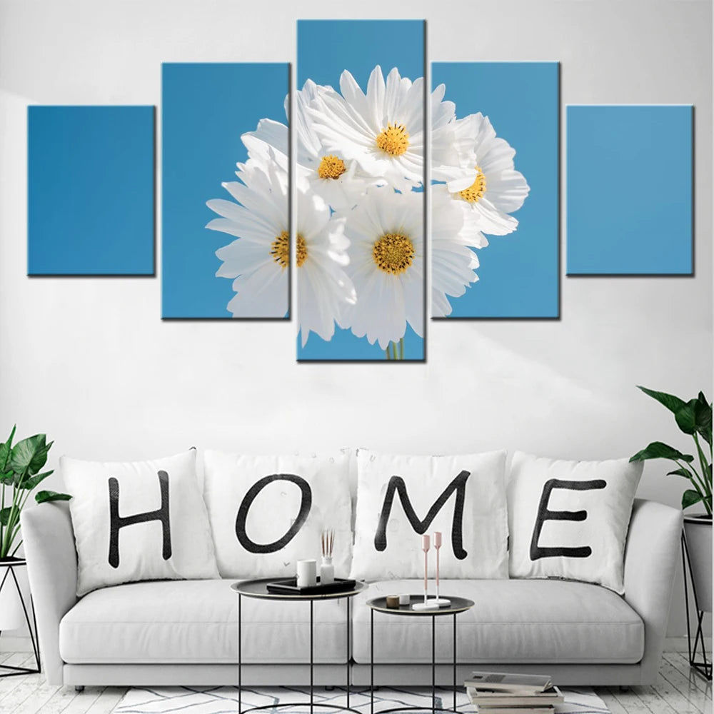Flowers Daisy Blue sky 5 Panels Painting Canvas Wall Decoration