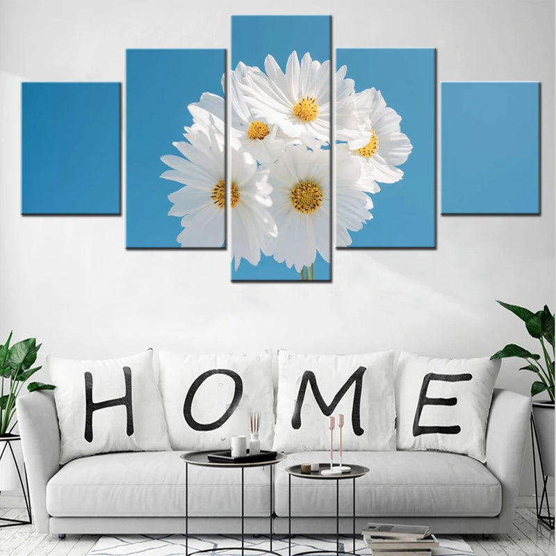 Flowers Daisy Blue sky 5 Panels Painting Canvas Wall Decoration