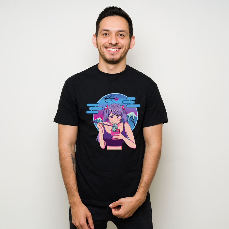 Anime Japanese Cute Girl Eat Ramen Cotton Black Short Sleeve T-Shirt