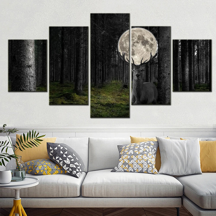 Deer Moon 5 Panels Painting Canvas Wall Decoration
