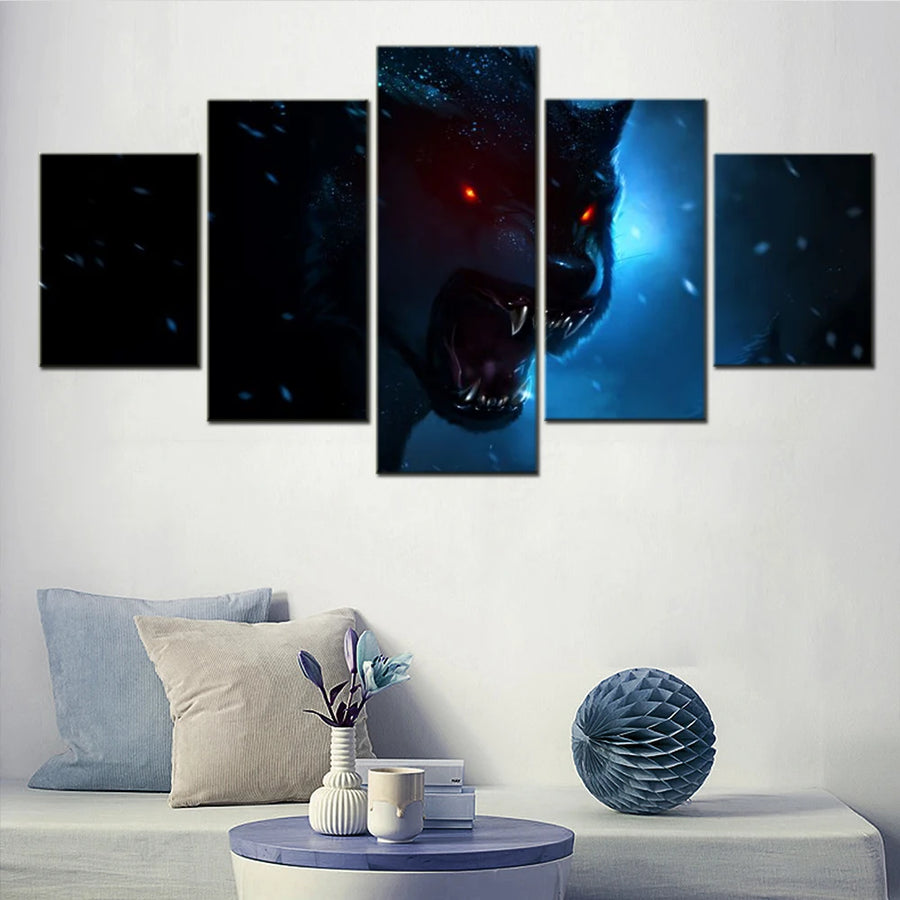 Black Wolf 5 Panels Painting Canvas Wall Decoration