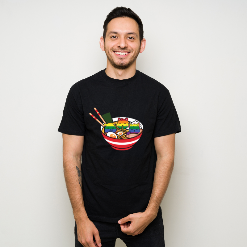 Cats Ramen Anime Food LGBTQ Rainbow Flag Cotton Black Short Sleeve T-Shirt