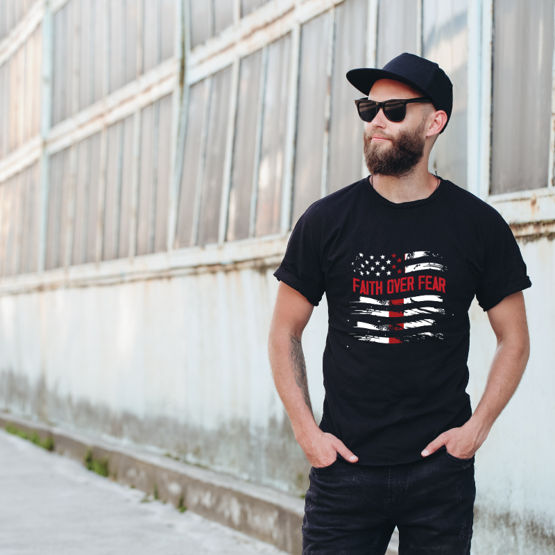 Faith Over Fear American Flag Cotton Black Short Sleeve T-Shirt