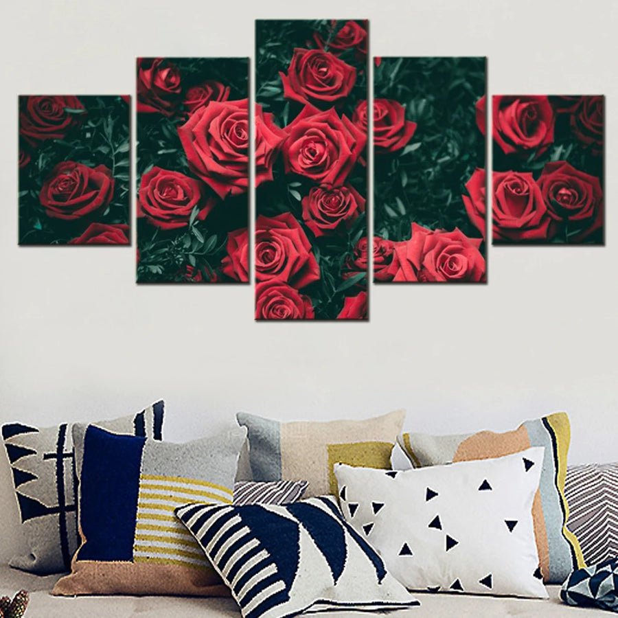 Roses Bushes Red Buds 5 Panels Painting Canvas Wall Decoration