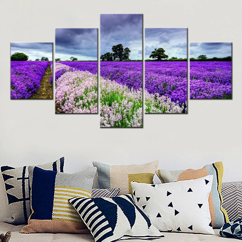 Flowers Field Nature Purple 5 Panels Painting Canvas Wall Decoration