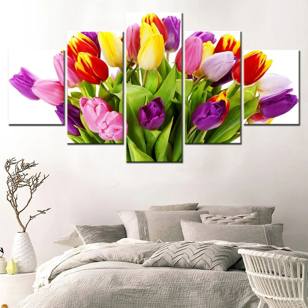 Tulips Flowers Bouquet White 5 Panels Painting Canvas Wall Decoration