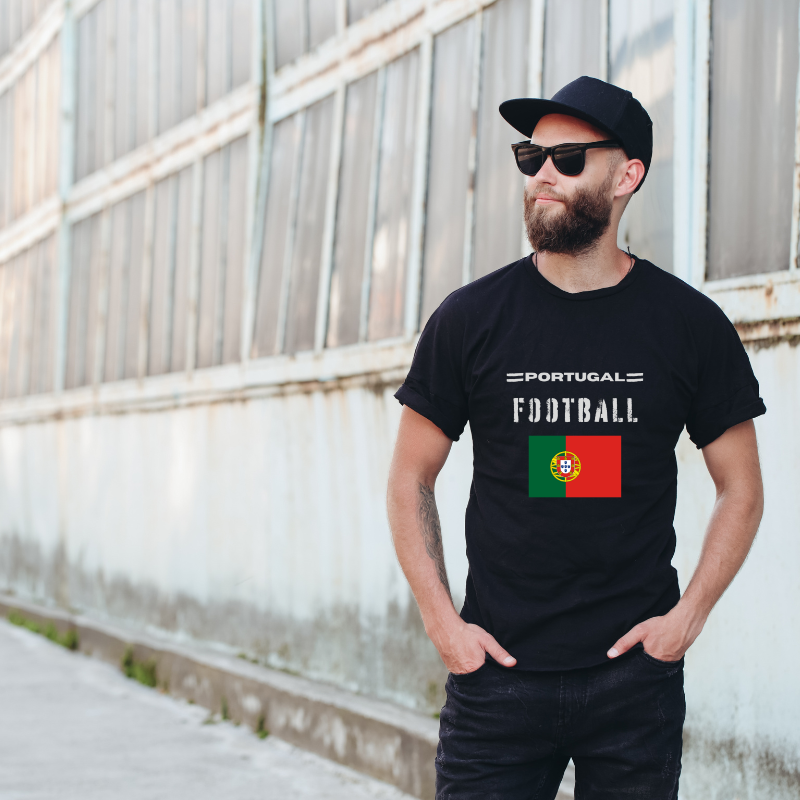 Portugal Football Cotton Black Short Sleeve T-Shirt