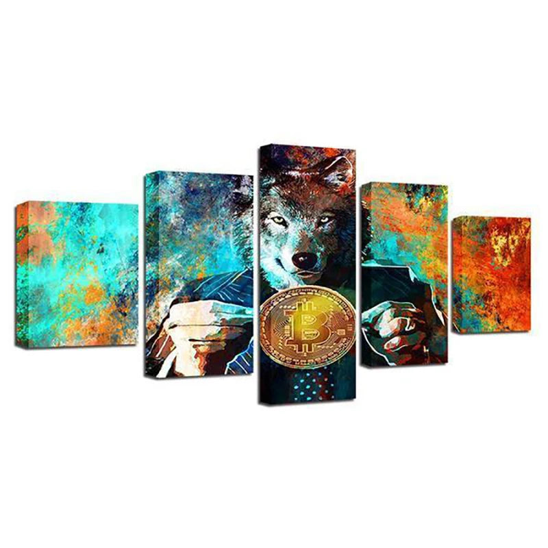 Mr.Wolf And Bitcoin 5 Panels Painting Canvas Wall Decoration