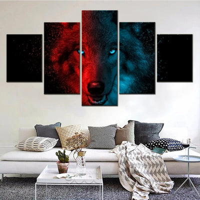 Red And Blue Wolf 5 Panels Painting Canvas Wall Decoration