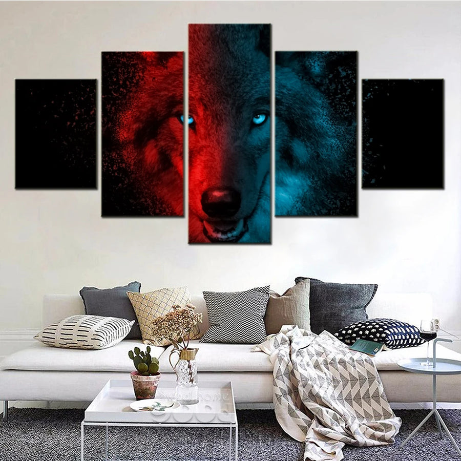 Red And Blue Wolf 5 Panels Painting Canvas Wall Decoration