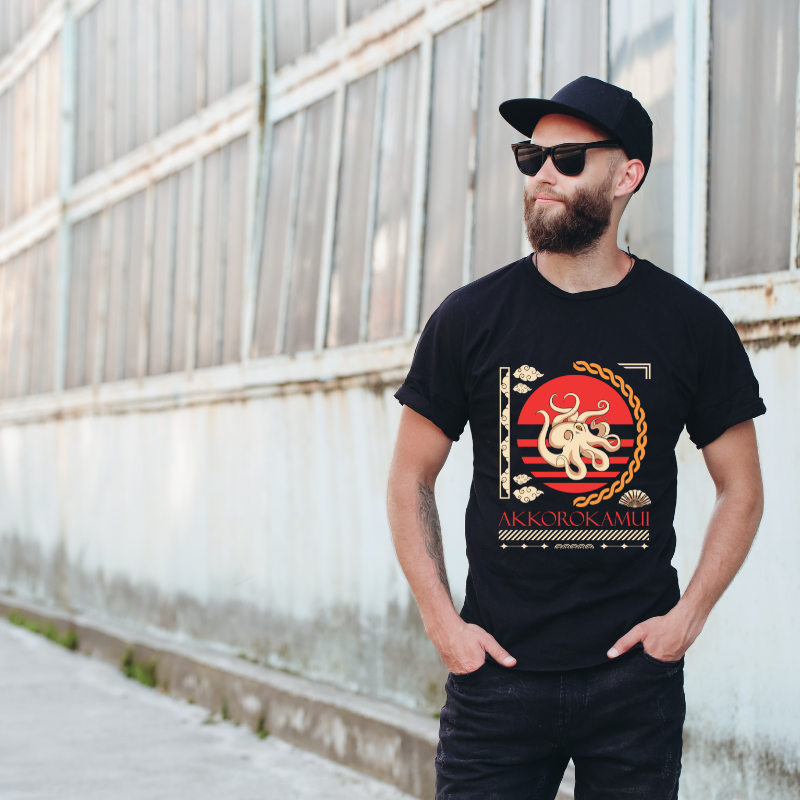 Japan Streetwear Akkorokamui Cotton Black Short Sleeve T-Shirt