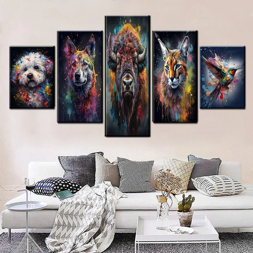 Bison Caracal Colibri Dingo Dog Bichon Frise 5 Panels Painting Canvas Wall Decoration