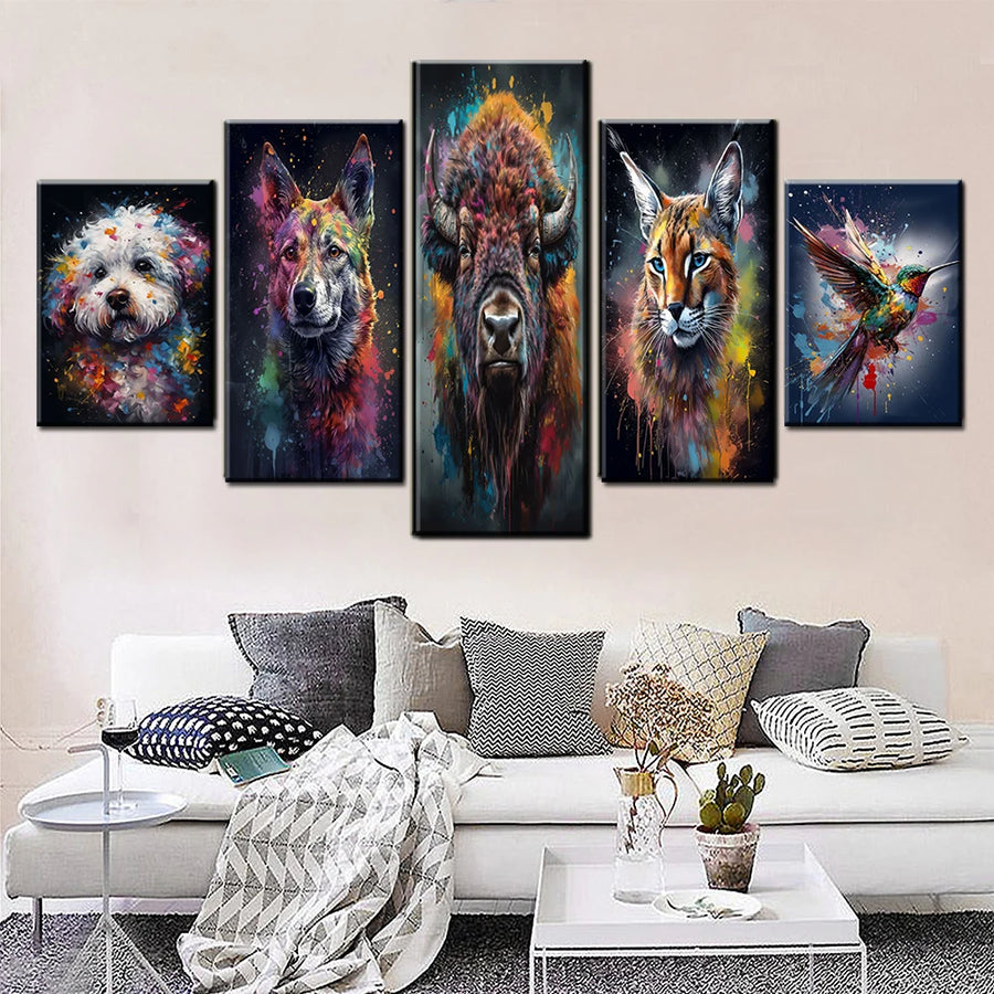 Bison Caracal Colibri Dingo Dog Bichon Frise 5 Panels Painting Canvas Wall Decoration