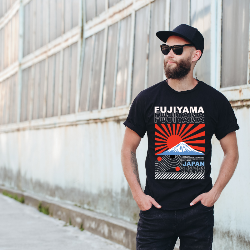 Japan Streetwear Fujiyama Mount Fuji Cotton Black Short Sleeve T-Shirt