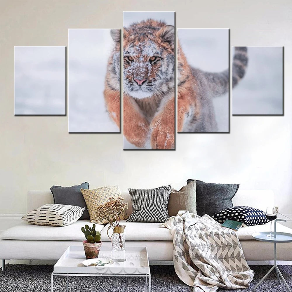 Siberian Tiger Snow Winter 5 Panels Painting Canvas Wall Decoration