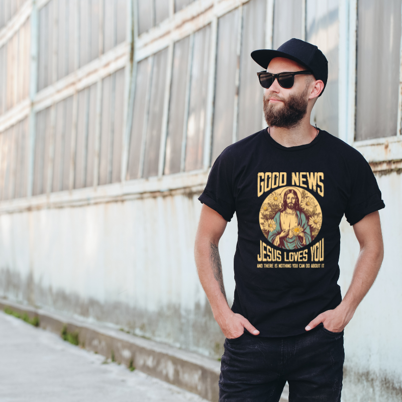 Good News Jesus Loves You Cotton Black Short Sleeve T-Shirt