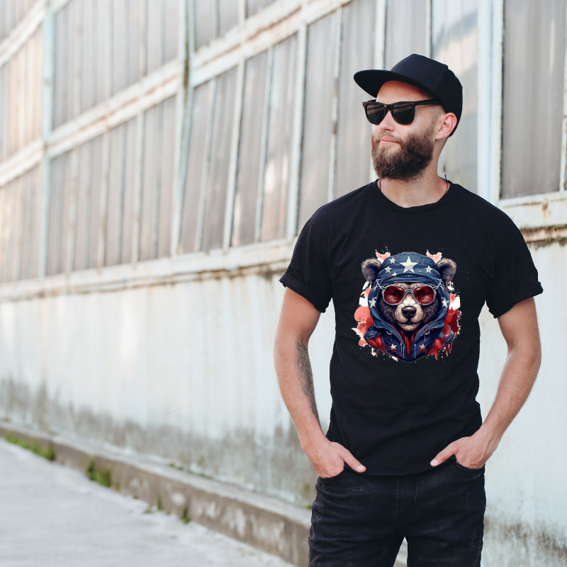 Animal Hiphop Graphic Funny Bear With Glasses Cotton Black Short Sleeve T-Shirt