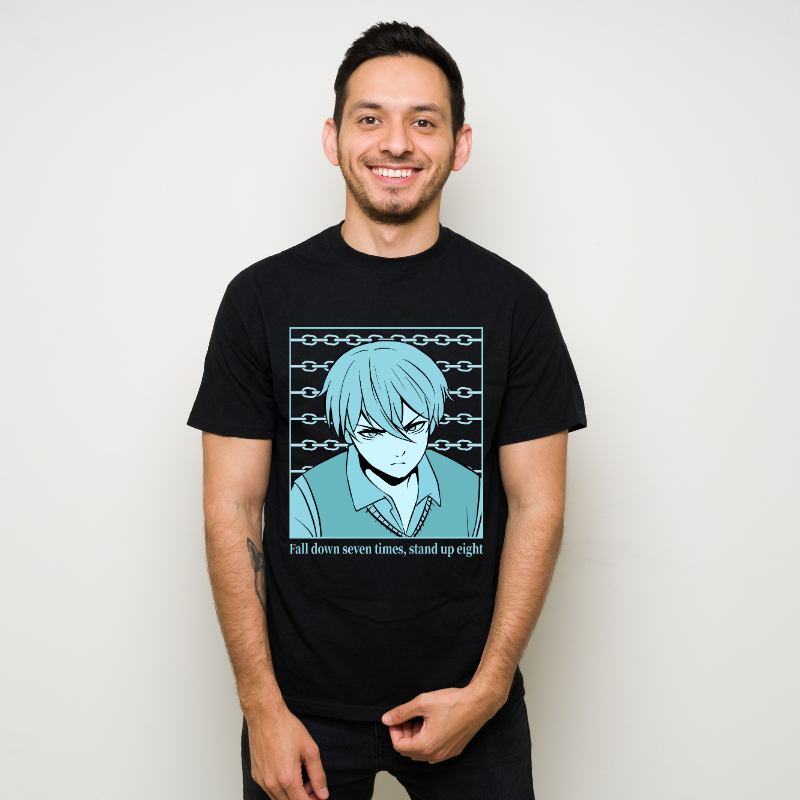 Anime Japanese Streetwear Fall down seven times Cotton Black Short Sleeve T-Shirt