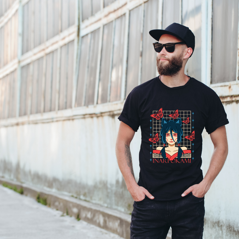 Japan Streetwear Inariokami Cotton Black Short Sleeve T-Shirt