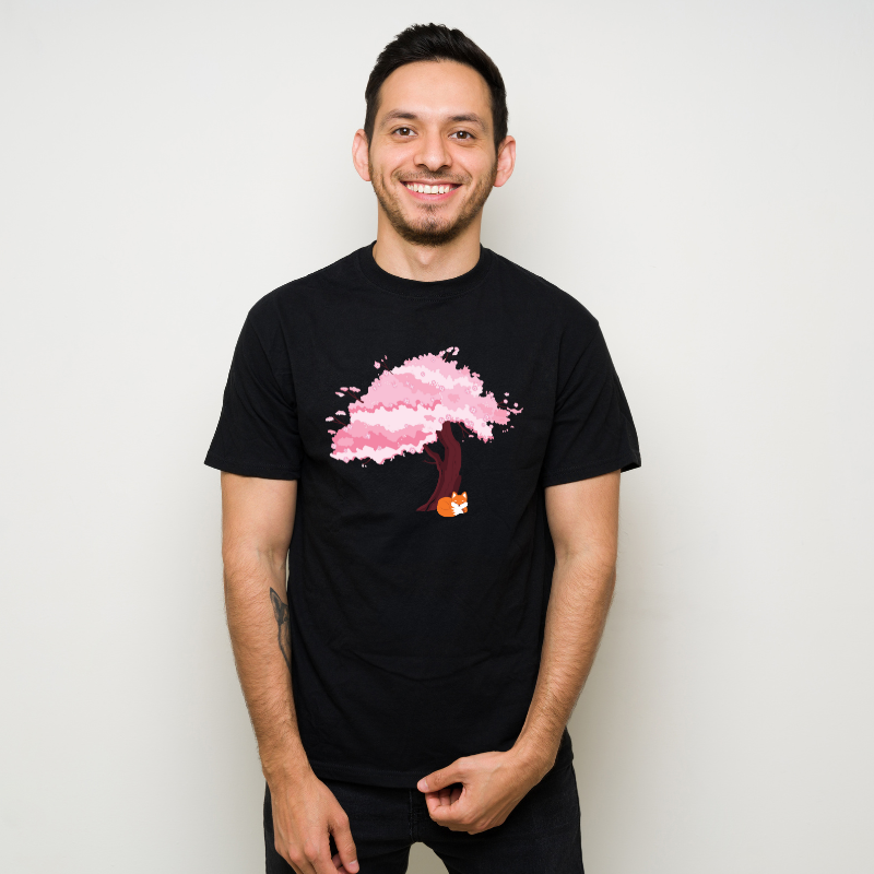 Kawaii Fox Japanese Cherry Blossom Cotton Black Short Sleeve T-Shirt