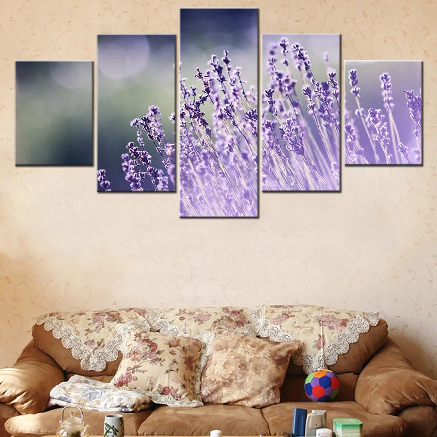 Flowers Lavender 5 Panels Painting Canvas Wall Decoration
