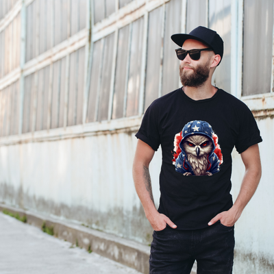 Animal Hiphop Graphic Owl Cotton Black Short Sleeve T-Shirt