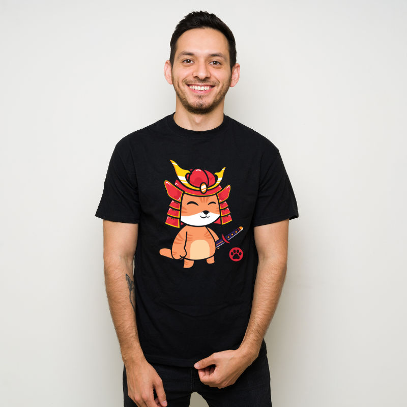 Japanese Samurai Ninja Cat Kawaii Cotton Black Short Sleeve T-Shirt