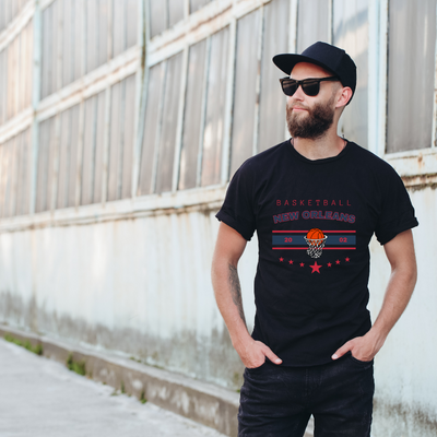 Basketball New Orleans 2002 Cotton Black Short Sleeve T-Shirt