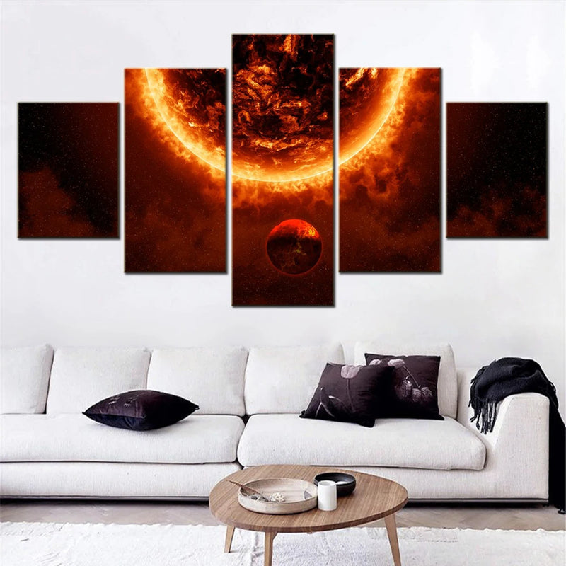 Space Sun 5 Panels Painting Canvas Wall Decoration