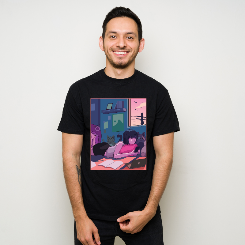 Anime Japanese The Cute Girl Relax on The Bed Cotton Black Short Sleeve T-Shirt