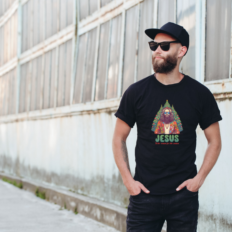 Jesus in Christmas Tree Art Cotton Black Short Sleeve T-Shirt