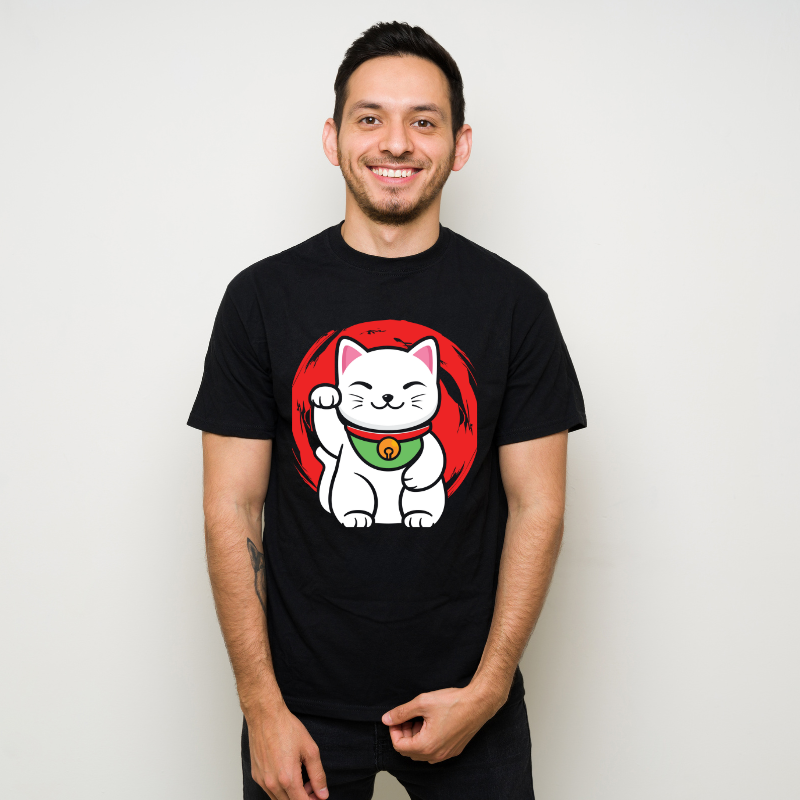 Maneki-Neko Lucky Cat Statue Waving Cotton Black Short Sleeve T-Shirt