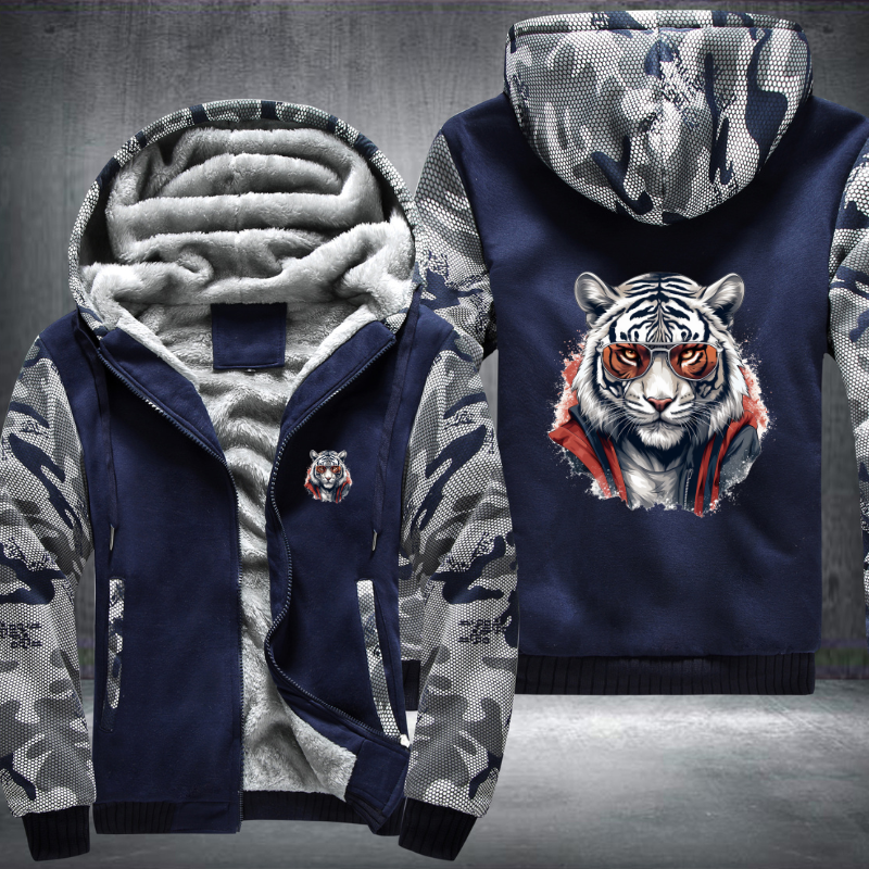 Animal Hiphop Graphic Funny White Tiger With Glasses Fleece Hoodies Jacket