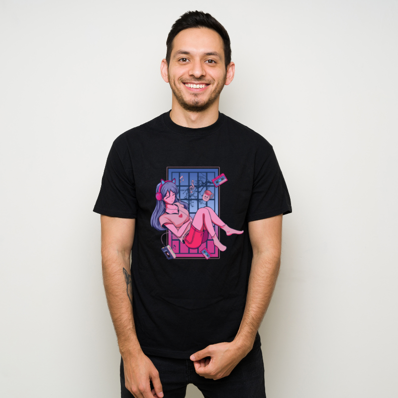 Anime Japanese Cute Girl Enjoy The Music Cotton Black Short Sleeve T-Shirt