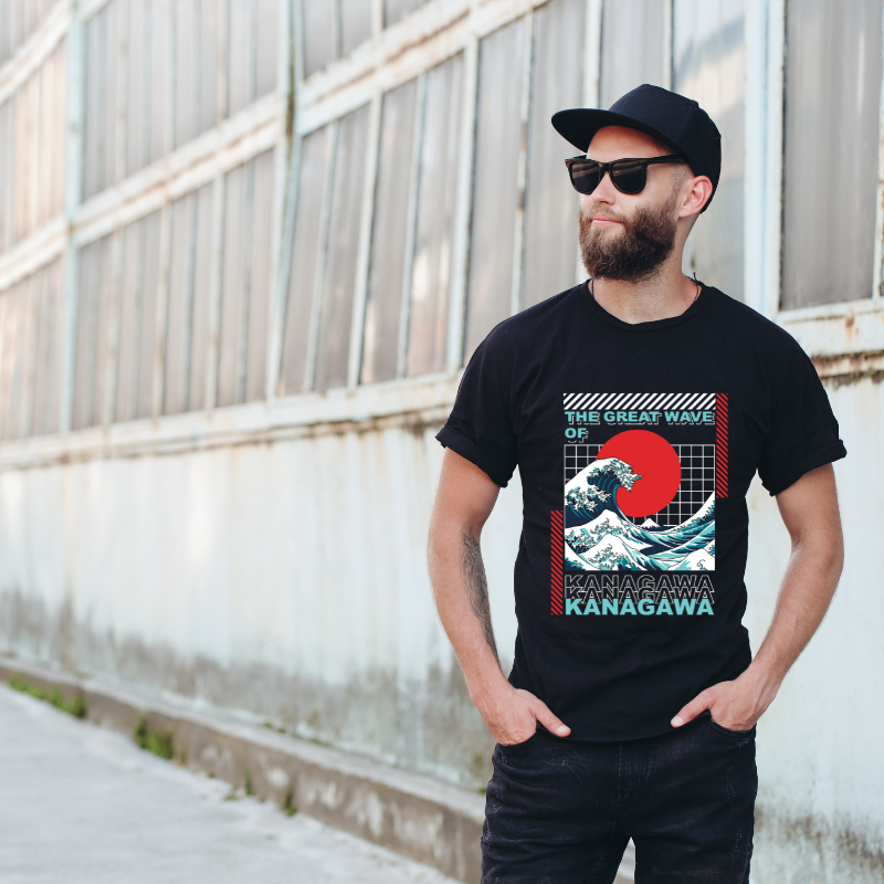Japan Streetwear The Great Wave Of Kanagawa Cotton Black Short Sleeve T-Shirt