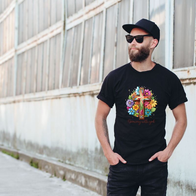 Growing with God Vibrant Cross Cotton Black Short Sleeve T-Shirt