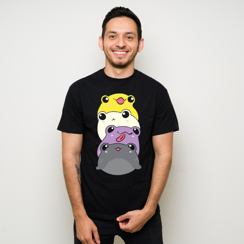 Nonbinary Flag Color Kawaii Frogs Cotton Black Short Sleeve T-Shirt