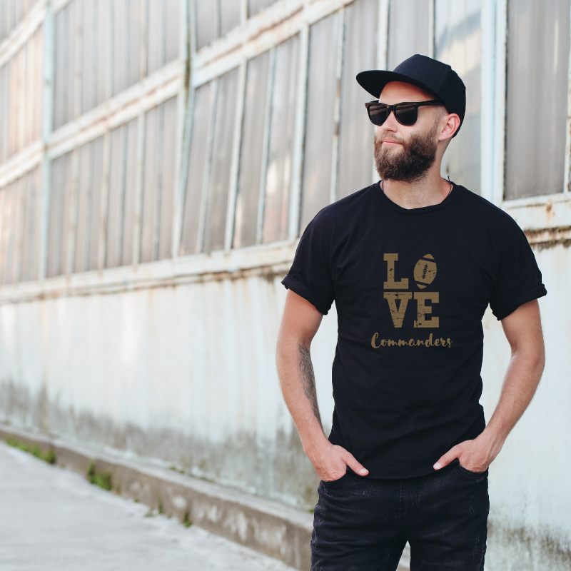 Football Gold Love Commanders Cotton Black Short Sleeve T-Shirt