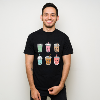 Cute Kawaii Boba Anime Boba Tea Pastel Cotton Black Short Sleeve T-Shirt