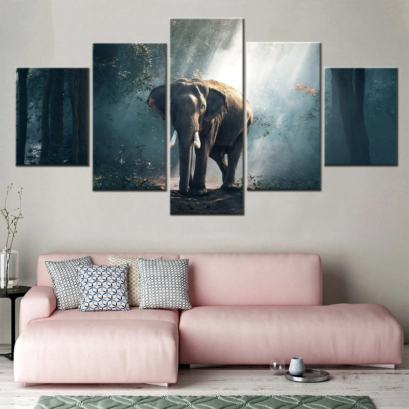 Elephant Forest 5 Panels Painting Canvas Wall Decoration